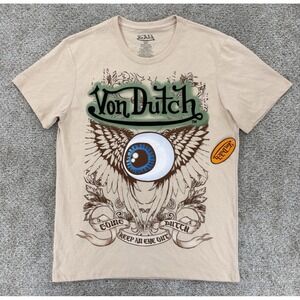 Von Dutch Keep An Eye Out T Shirt Mens M Tan Short Sleeve Raised Embroidery NWT